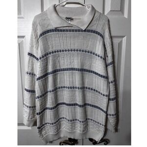 VTG  Basic Editions Sweater Mens Medium White Knit Patterned Polo USA cottagecor